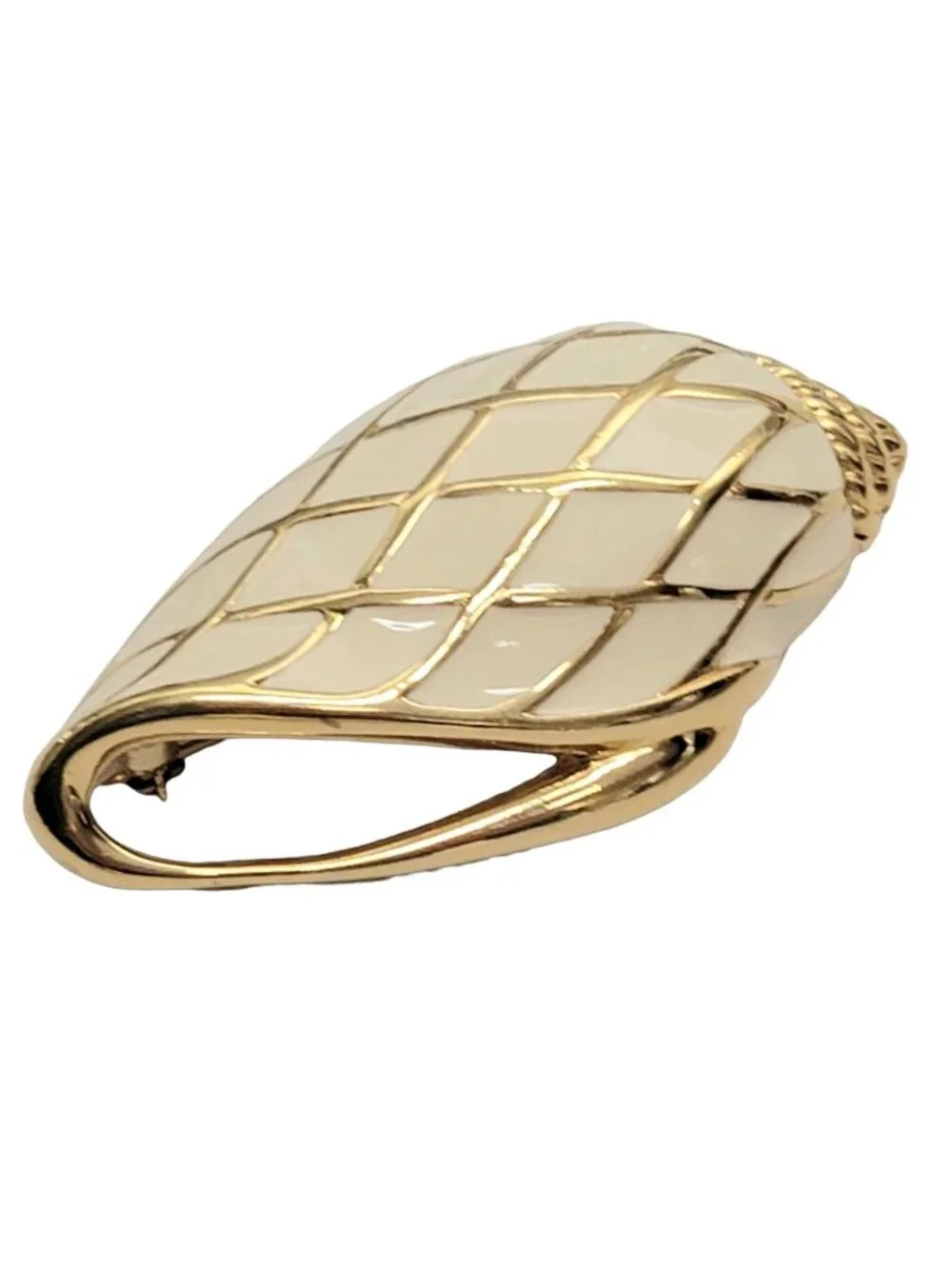 Trifari 1980s Cream And Gold Seashell Enamel Pin Brooch, Signed